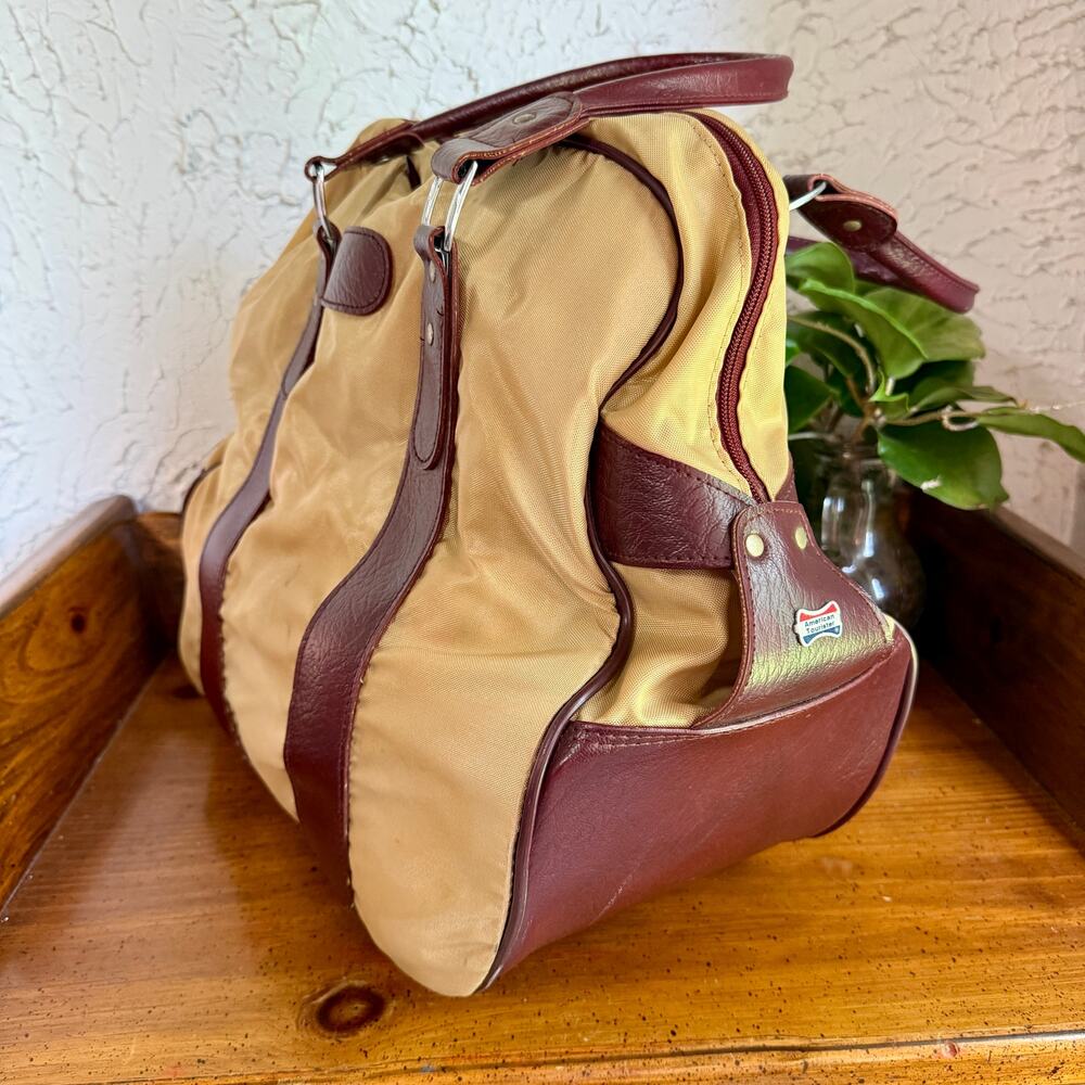 Vintage American Tourister Tan Nylon & Burgundy Leather Duffel Travel Bag USA